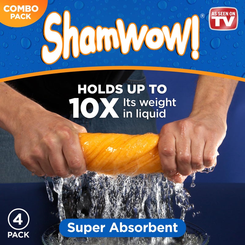 ShamWow Original Super Absorbent Multi-Purpose Cleaning Shammy Chamois Towel Cloth - Holds 10X its Weight in Liquid - Machine Washable - Will Not Scratch (4 Pack: 2 Large Orange & 2 Small Blue). - Image 3